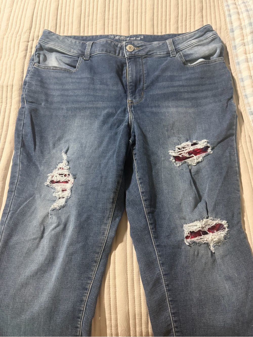 Maurices Distressed Blue Boyfriend Jeans with Red Patch Accents